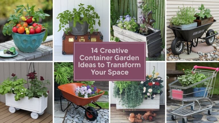A collage showcasing 14 innovative container gardening ideas for transforming small spaces with plants and flowers.