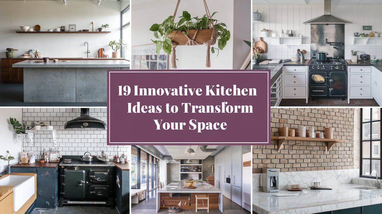 The photos include a modern kitchen with a concrete counter, a kitchen with a hanging planter, a kitchen with a vintage stove, a kitchen with a wooden shelf, a kitchen with a brick wall, and a kitchen with a marble counter.