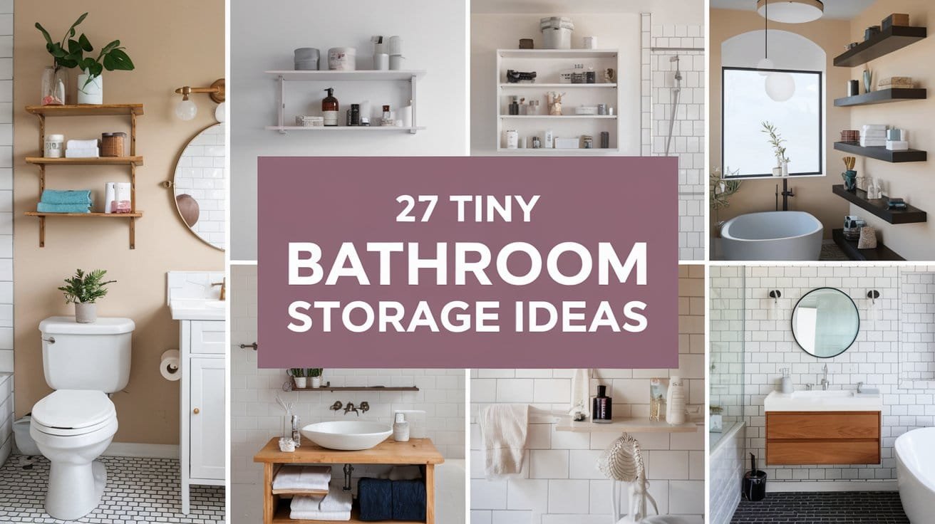 The images feature various storage solutions like a floating vanity with open shelves, a wall-mounted ladder shelf, a hanging basket, a floor-standing rack with hooks, a shelf above the toilet, and a corner shelf with a built-in towel bar.