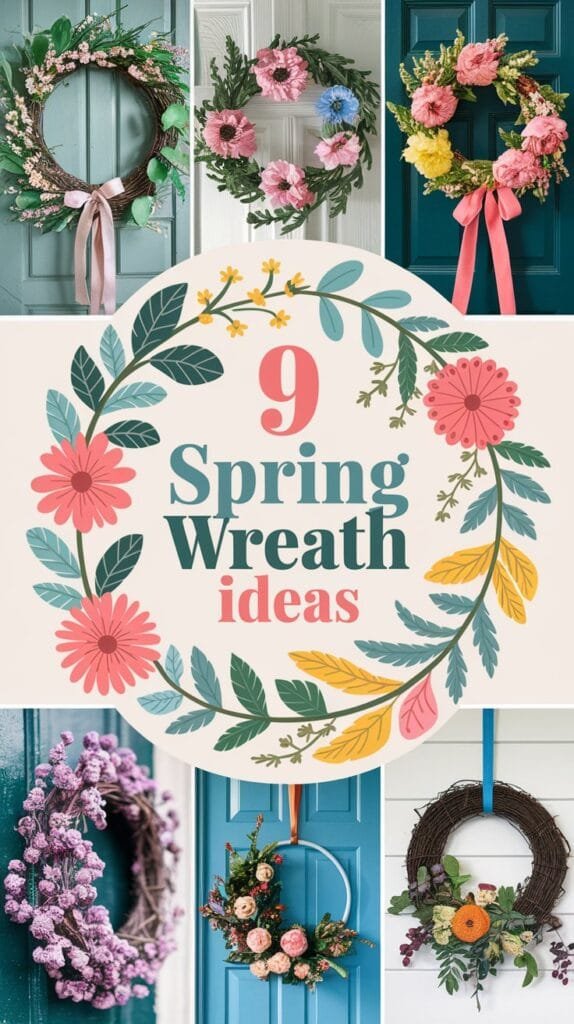 A collage of nine vibrant spring wreath ideas featuring various floral designs, colors, and textures. Each wreath is displayed on a different door, showcasing creative arrangements of flowers such as daisies, roses, and peonies, with decorative ribbons highlighting a seasonal aesthetic. The central text reads “9 Spring Wreath Ideas,” emphasizing inspiration for spring decor.