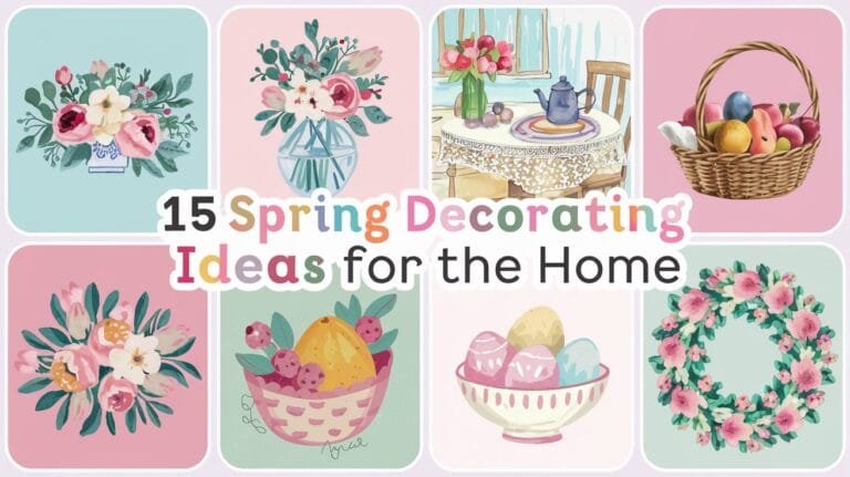 Image showcasing 15 creative spring decorating ideas for the home, featuring floral arrangements, a cozy dining setting, a fruit basket, and decorative wreaths, all presented in a colorful and cheerful design.