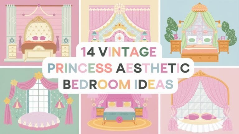 Colorful collage of vintage princess aesthetic bedroom ideas featuring elegant decor elements like ornate beds, luxurious curtains, and whimsical color palettes. Perfect for inspiring a charming and dreamy bedroom design.