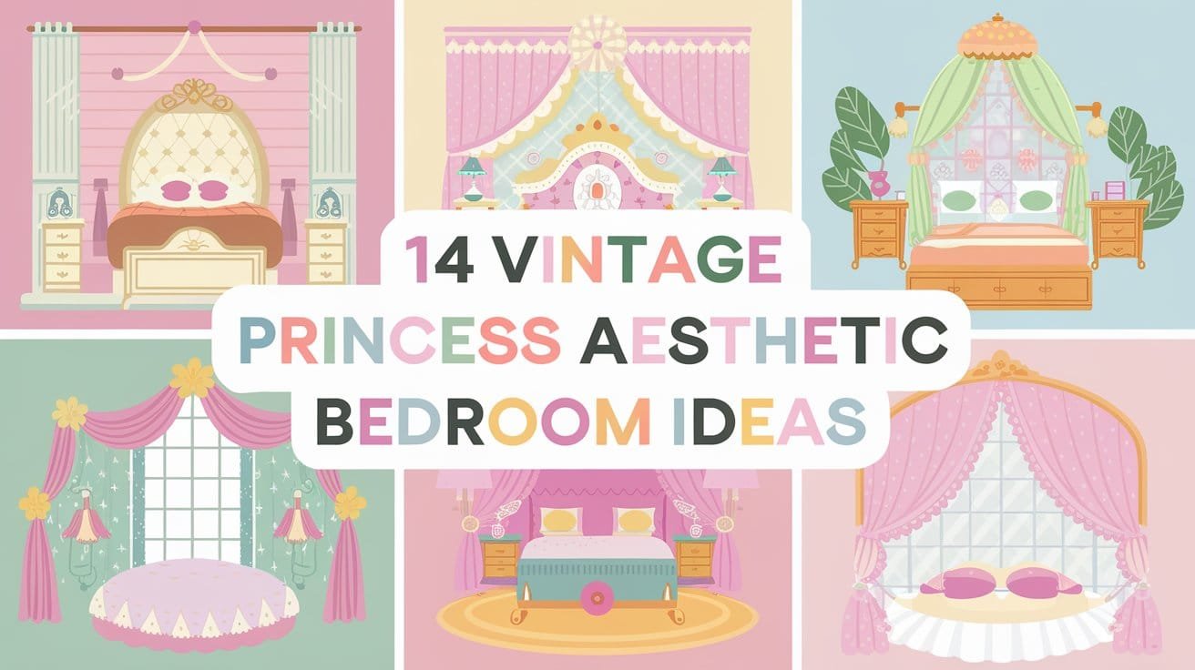 Colorful collage of vintage princess aesthetic bedroom ideas featuring elegant decor elements like ornate beds, luxurious curtains, and whimsical color palettes. Perfect for inspiring a charming and dreamy bedroom design.