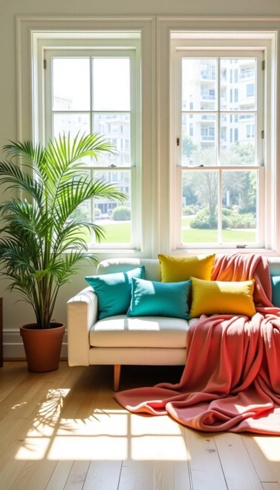 Bright living room with a white sofa, colorful cushions, potted plant, and sunlight streaming through large windows.