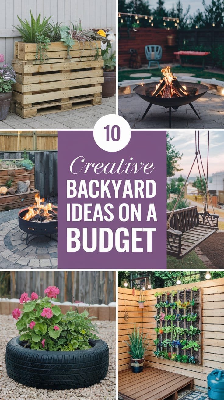 Creative backyard ideas on a budget, featuring planters, fire pits, a swing, and unique decor solutions.