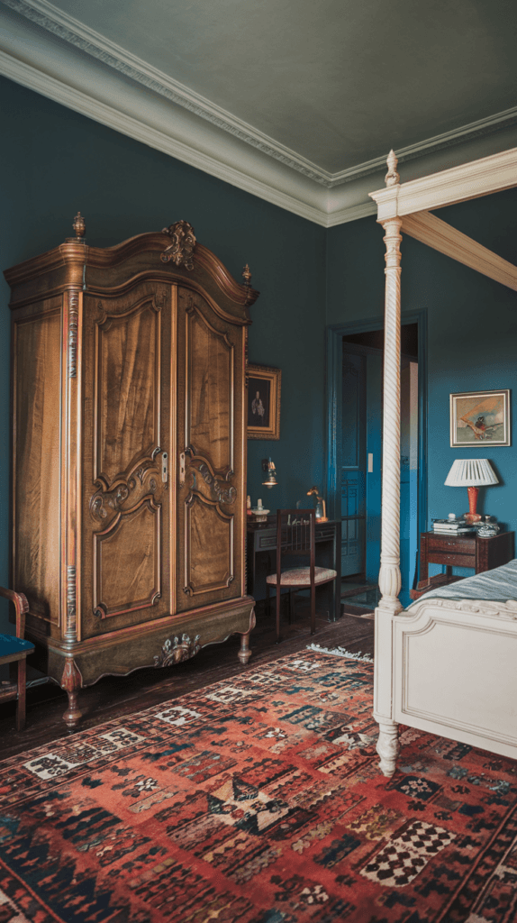 A bedroom with a vintage flair. There's a wooden wardrobe with intricate carvings and a dark green hue. Next to it, there's a white bed with a wooden frame.