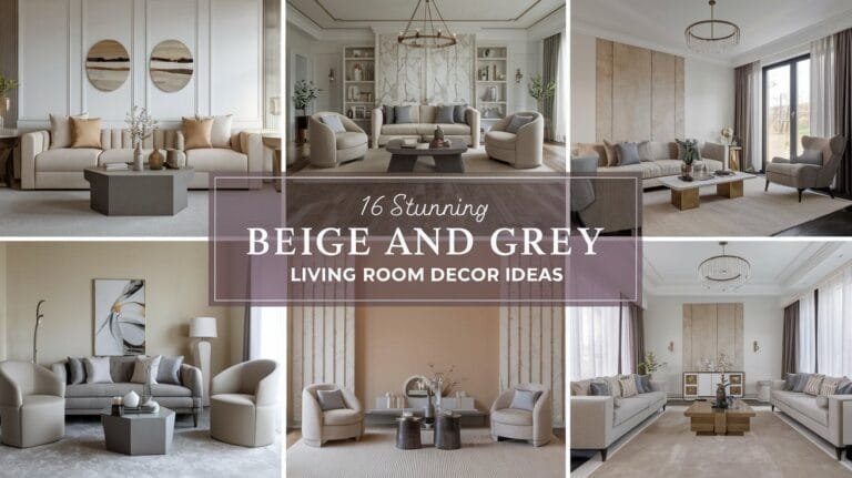 Collage of stylish living room decor ideas featuring elegant beige and grey color schemes for modern interiors.