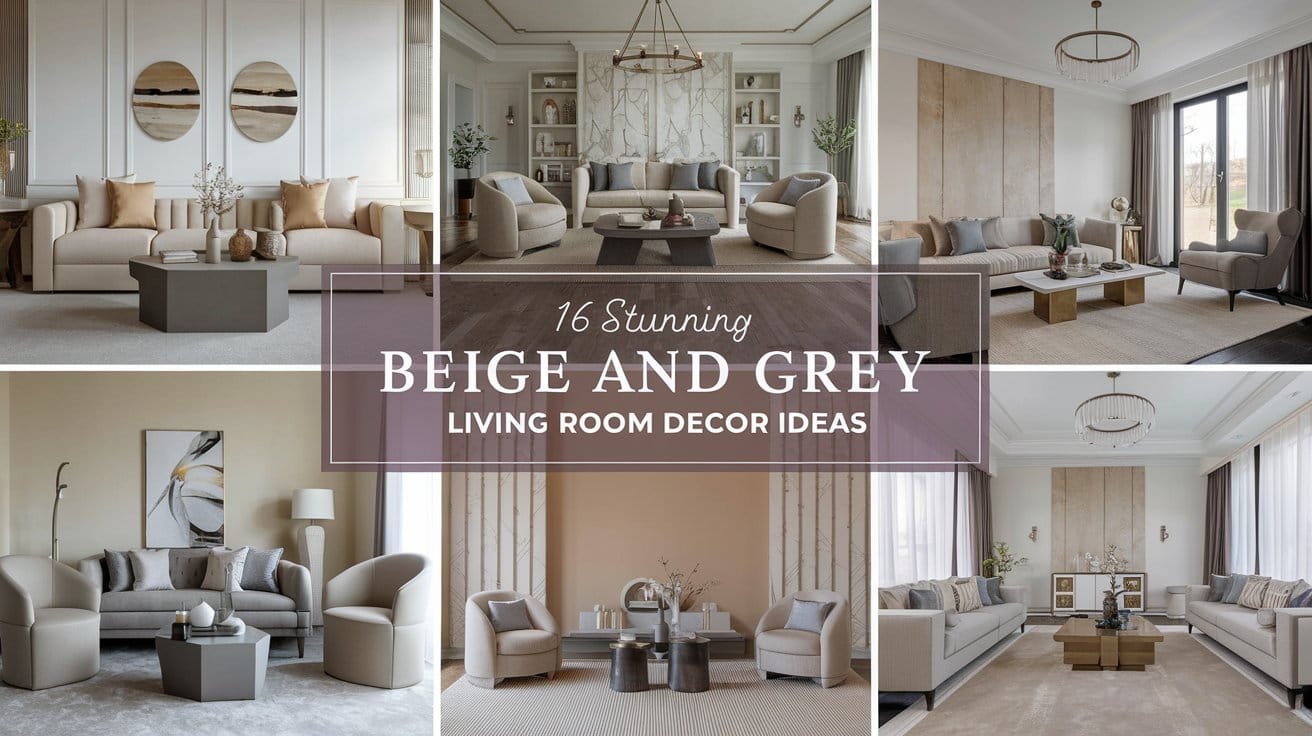 Collage of stylish living room decor ideas featuring elegant beige and grey color schemes for modern interiors.