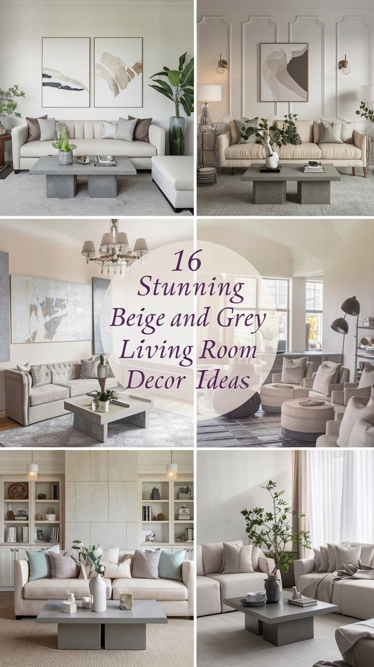 Collage of stylish beige and grey living room decor ideas featuring modern furniture and elegant accessories for inspiration.