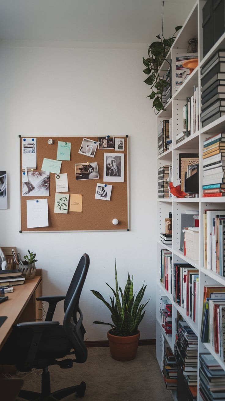 Cozy home office featuring a corkboard with photos, desk, bookshelves, and a potted plant for a vibrant workspace.