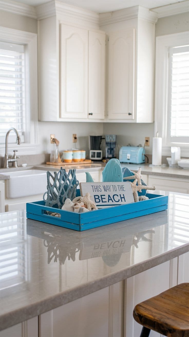 Bright kitchen countertop featuring a blue decorative tray with beach-themed decor and seashells, enhancing coastal interior design.