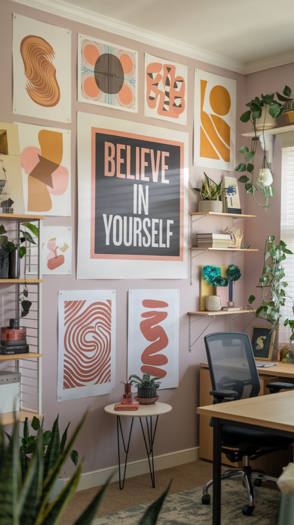 A stylish home office featuring a gallery wall with abstract art prints in warm tones. The focal point is a large motivational poster that reads "Believe in Yourself." The space includes a small table with plants, shelving with decorative items, and a desk with an ergonomic chair, creating an inspiring and productive atmosphere.