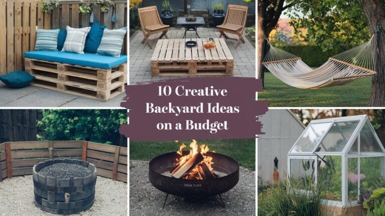 Creative budget-friendly backyard ideas featuring seating, hammocks, fire pits, and greenhouses for outdoor enjoyment.