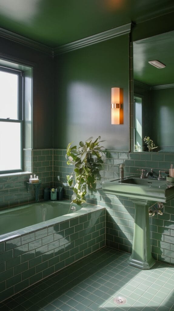 a bathroom with green decor and natural light. The bathtub, sink, and floor are made of green tiles. There is a green plant next to the sink. The walls and ceiling are painted in green tones. The lighting is from a window and a sconce on the wall.