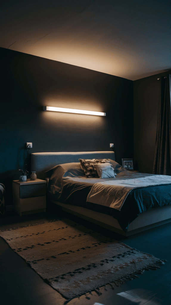 A photo of a bedroom with a moody atmosphere. There's a bed in the centre, with a nightstand on one side. There's a soft glow fixture above the bed. The walls are painted in a dark colour. There's a rug on the floor. The room is dimly lit.