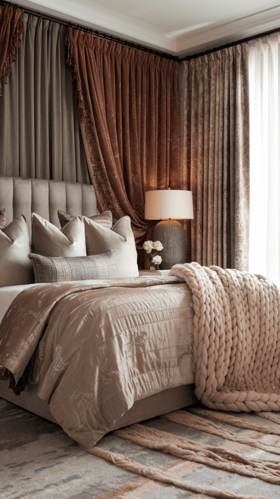 A photo of a bedroom with a plush area rug, velvet curtains that drape beautifully and add depth, silk cushions that shimmer and provide plush comfort
