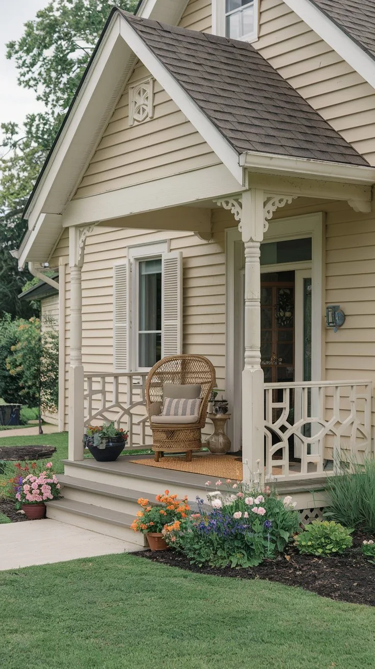Charming porch with wicker chair and colorful flower beds, showcasing a beautifully designed house entrance.