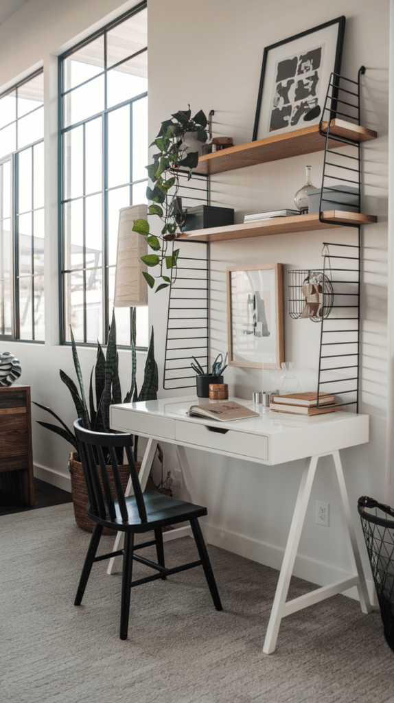 Modern home office setup featuring a sleek white desk with a drawer, complemented by a black wooden chair. Shelves above the desk hold decorative items and plants, while a stylish lamp adds ambient lighting. Large windows enhance the natural light in the workspace.
