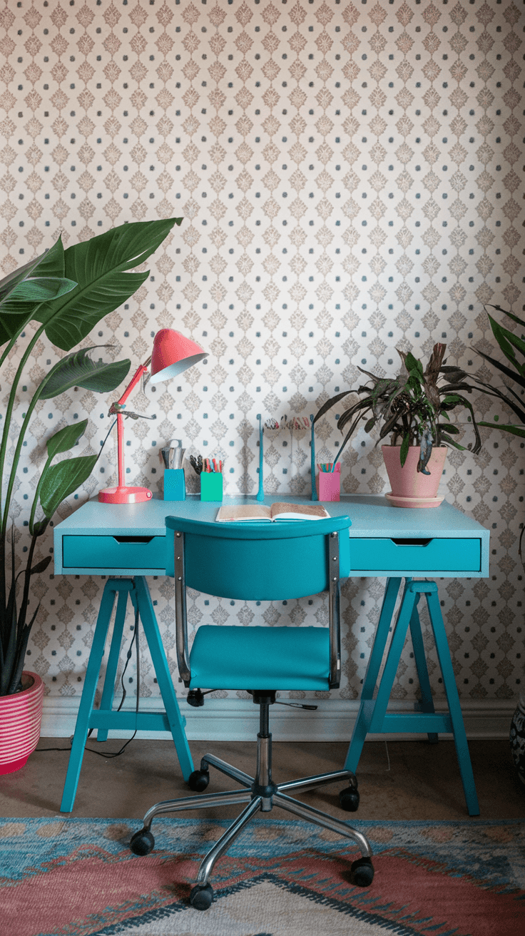 Bright and colorful home office setup featuring a turquoise desk and chair, a red desk lamp, and various stationery items organized on a stylish desktop. Lush green plants add a refreshing touch, complementing the patterned wallpaper and decorative rug, creating a vibrant workspace atmosphere.