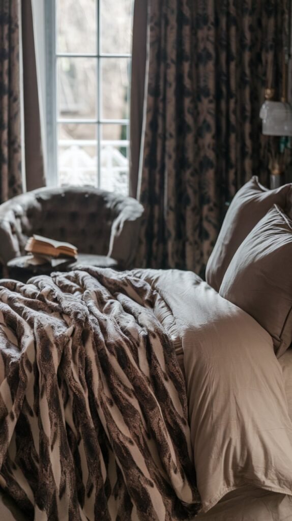 a cozy, moody bedroom with a luxurious throw blanket. A reading chair is placed near the window, perfect for curling up with a book
