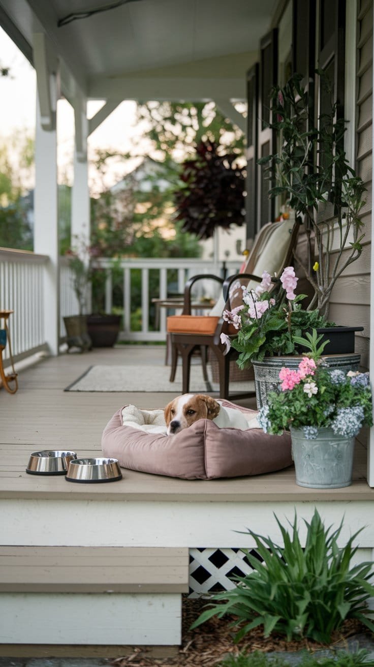 Cozy dog resting on a porch bed surrounded by flowers and food bowls, creating a peaceful outdoor space.
