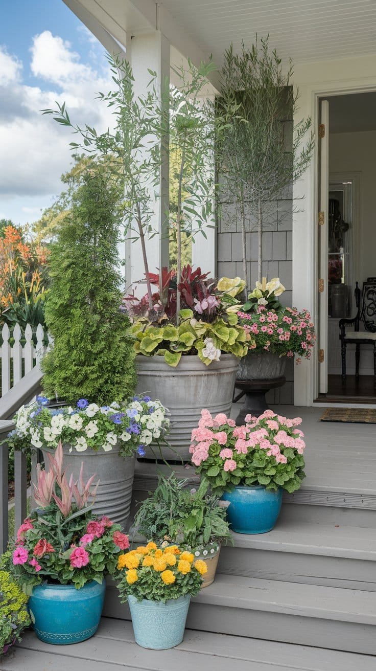 Colorful flower pots on porch steps, featuring various blooms and greenery, enhancing outdoor aesthetics and inviting curb appeal.