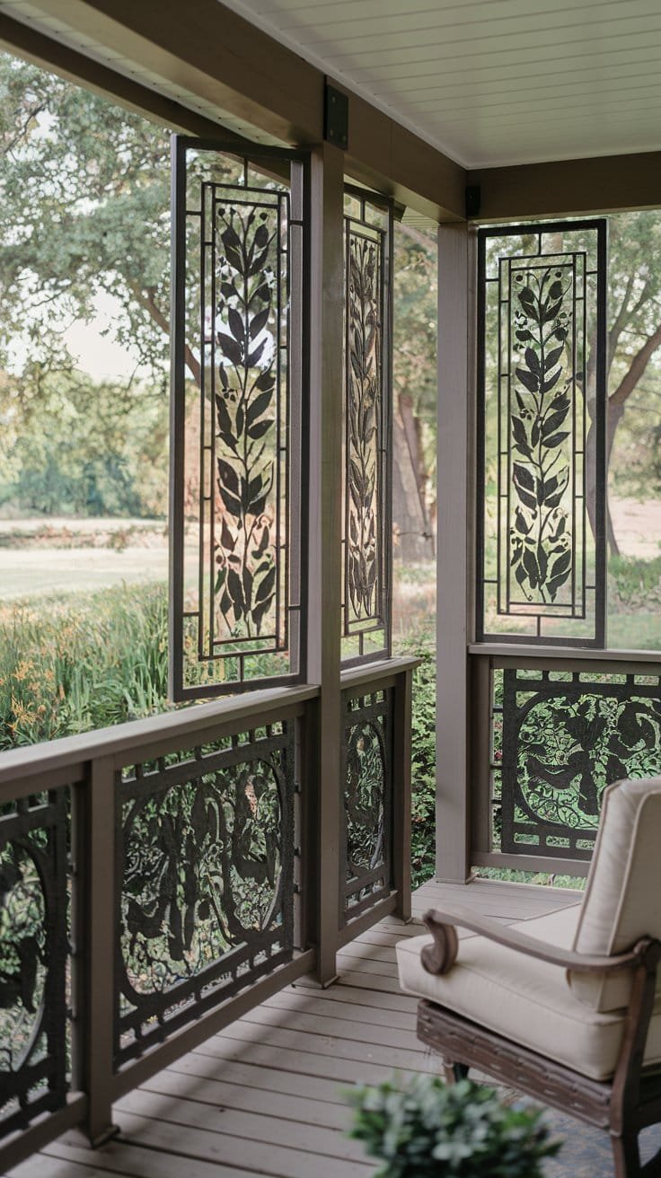 Elegant porch with decorative iron screens and a cozy chair, surrounded by lush greenery and natural sunlight.