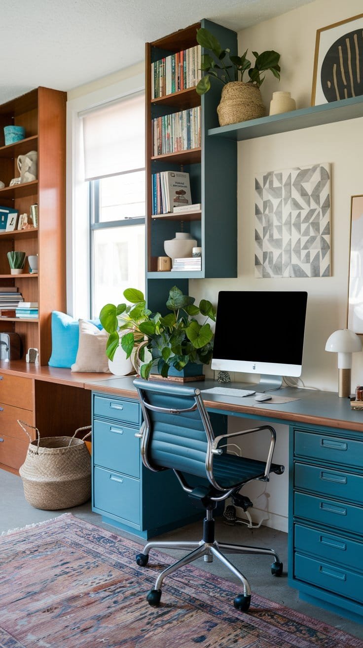 Modern home office featuring a stylish desk, computer, indoor plants, and ample storage. Bright and inviting workspace design.