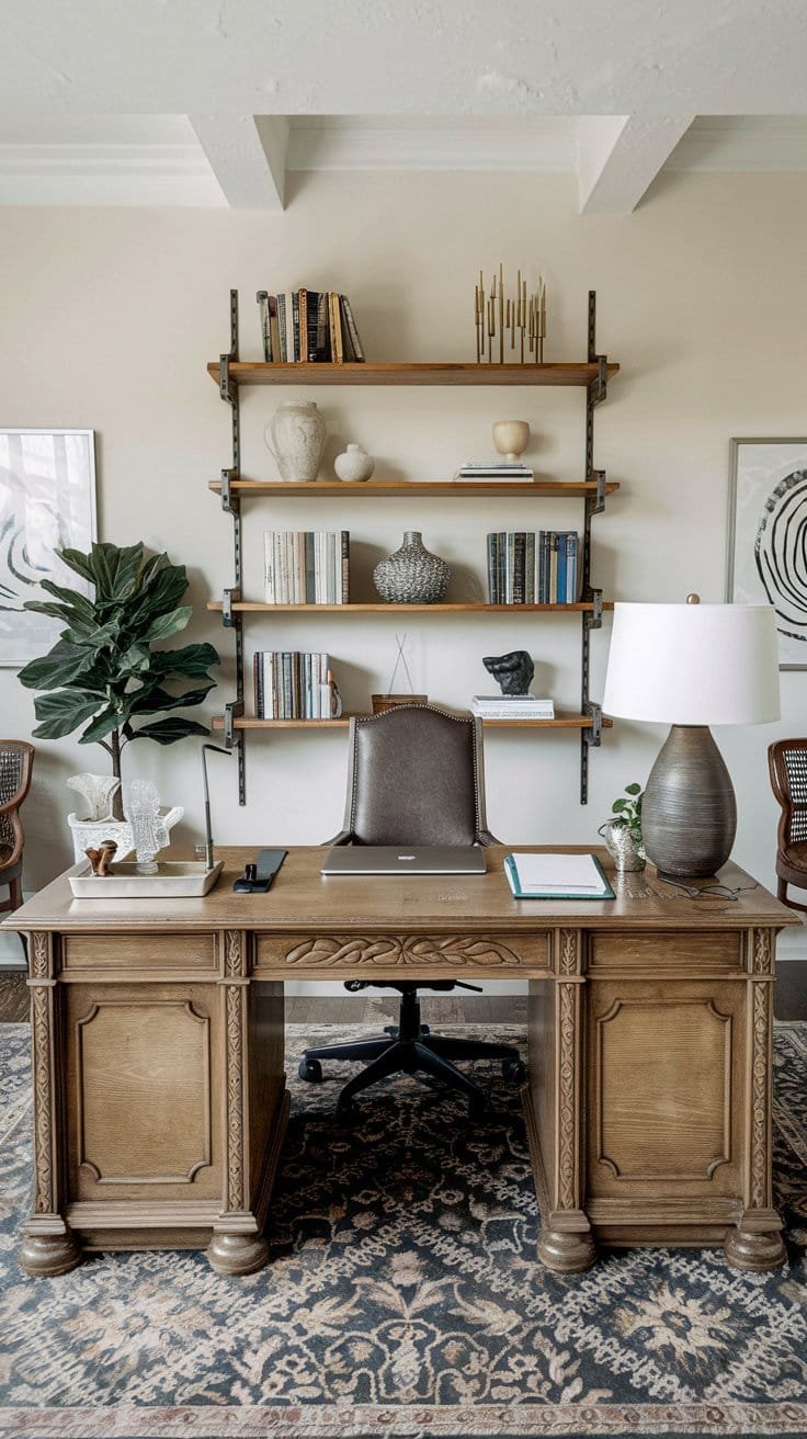 Stylish home office featuring a wooden desk, modern decor, and organized bookshelves with indoor plants and accessories.