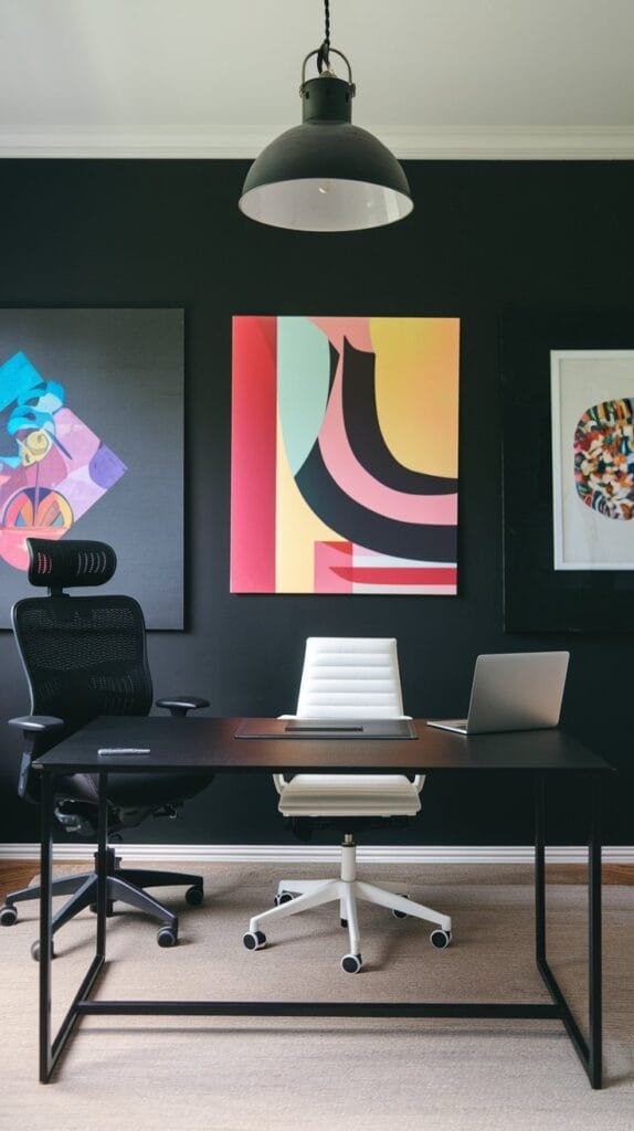 Modern home office setup featuring a sleek black desk, a white ergonomic chair, and a black office chair, complemented by vibrant artwork on a dark wall and an industrial pendant light overhead, ideal for creative workspace inspiration.