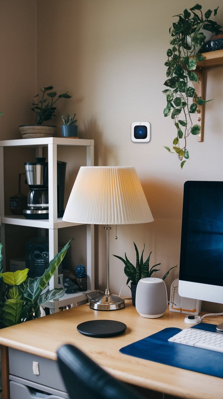 Cozy home office setup featuring a lamp, plants, and modern technology on a wooden desk.