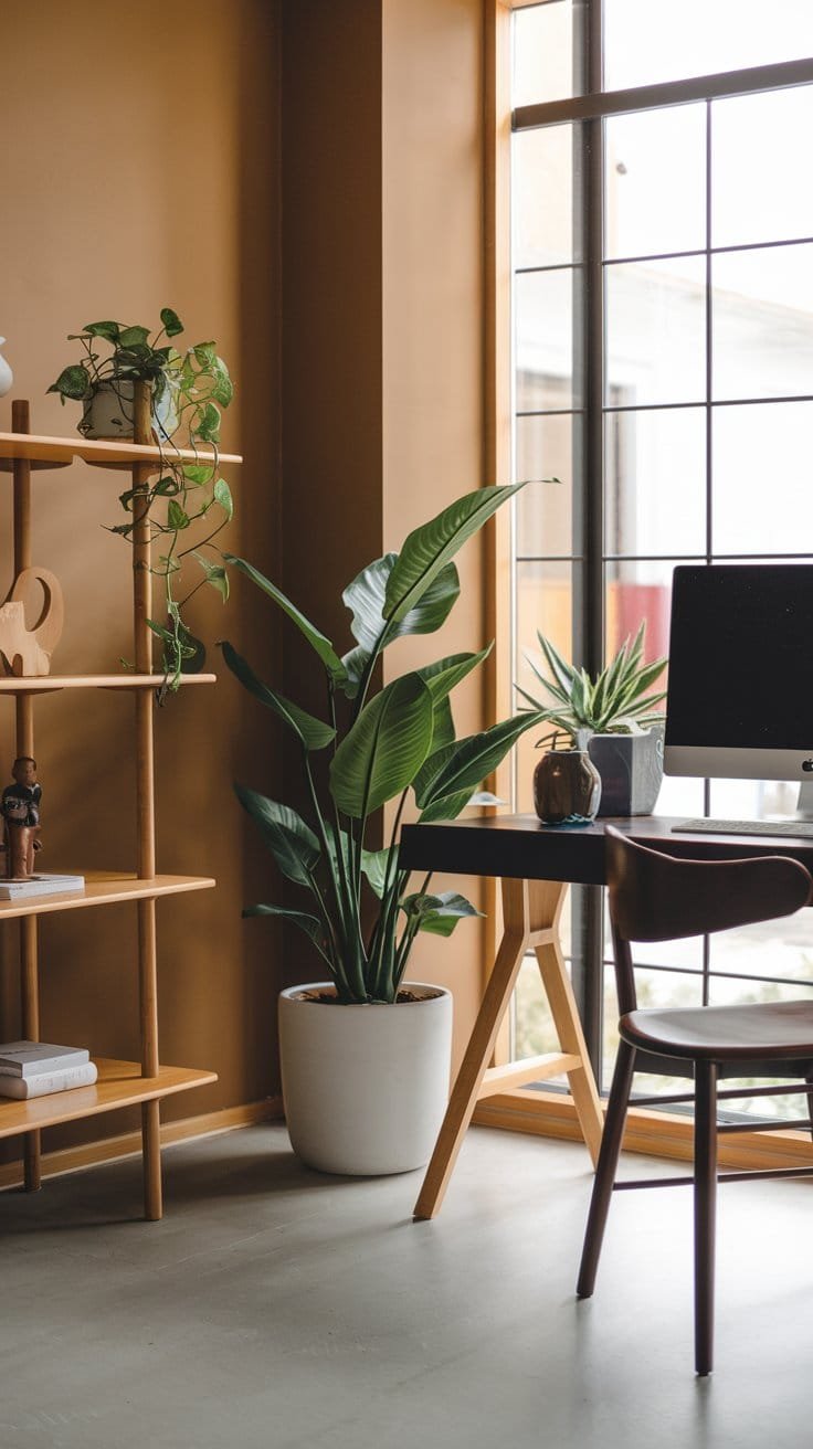 Minimalist interior design featuring indoor plants, a wooden shelf, and a workspace by a large window.