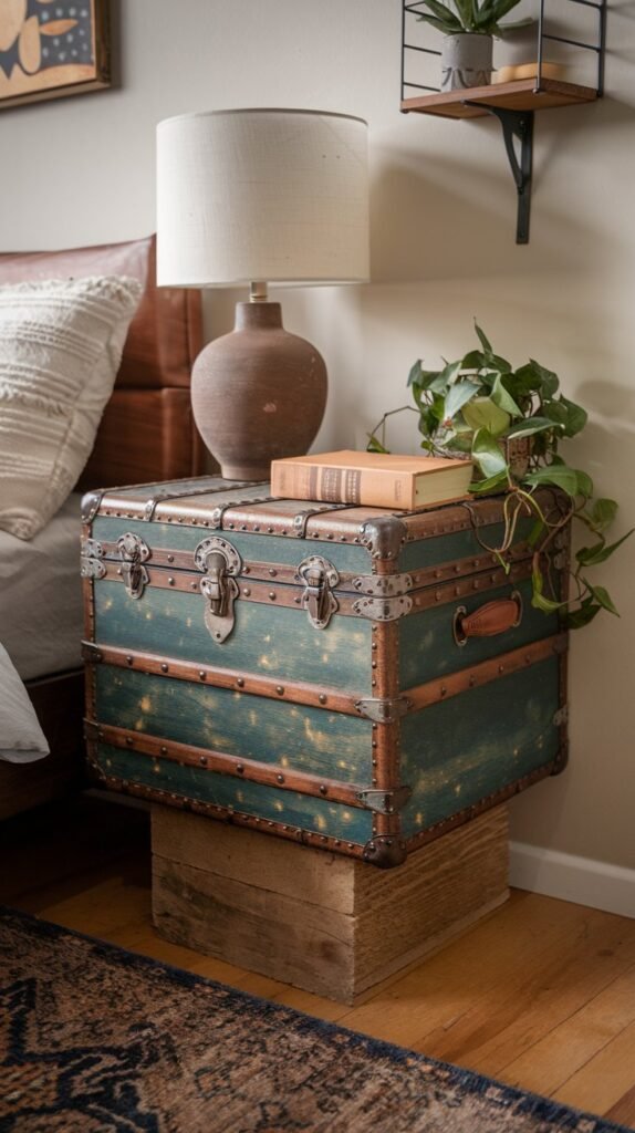 a nightstand with a vintage trunk design. The trunk has a weathered appearance and is placed on a wooden block. There's a lamp, a book