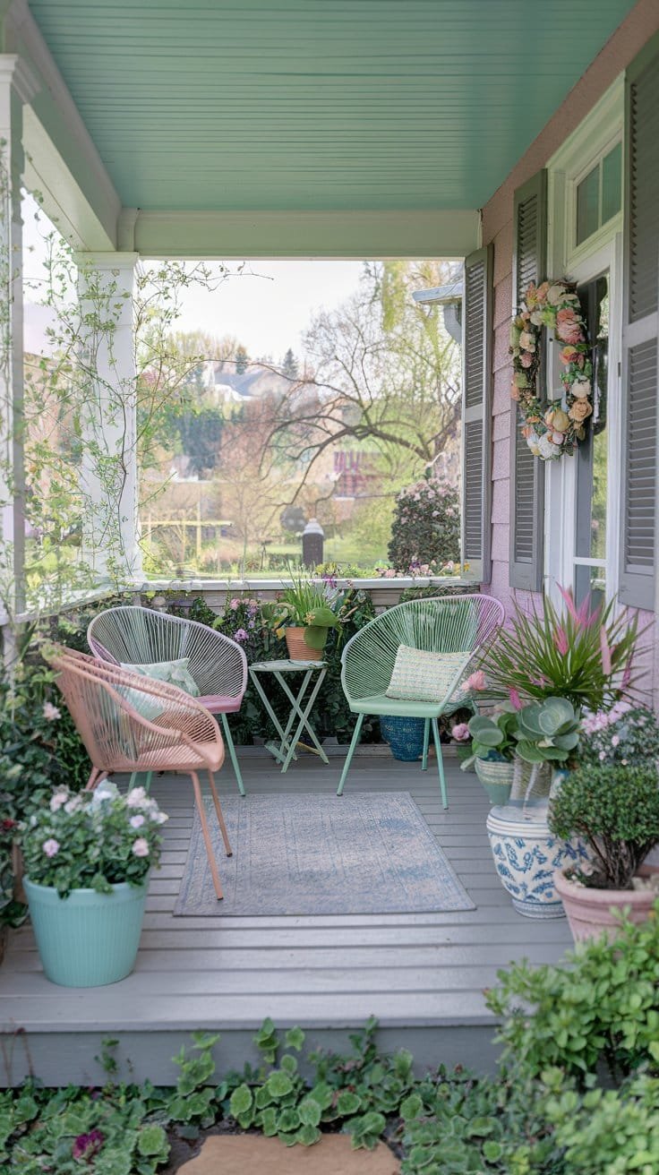 Cozy porch with stylish chairs, green plants, and floral decor, perfect for relaxing outdoors in spring.