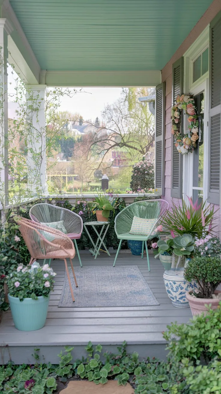 Cozy porch with stylish chairs, green plants, and floral decor, perfect for relaxing outdoors in spring.