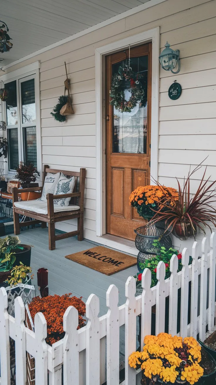 Charming porch with wooden door, welcome mat, vibrant flowers, and rustic seating, showcasing a cozy, inviting atmosphere.