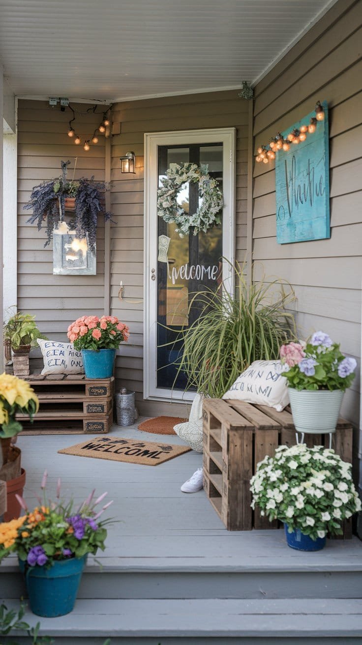 Welcoming front porch decorated with flowers, wreaths, and rustic accents creating a cozy atmosphere.