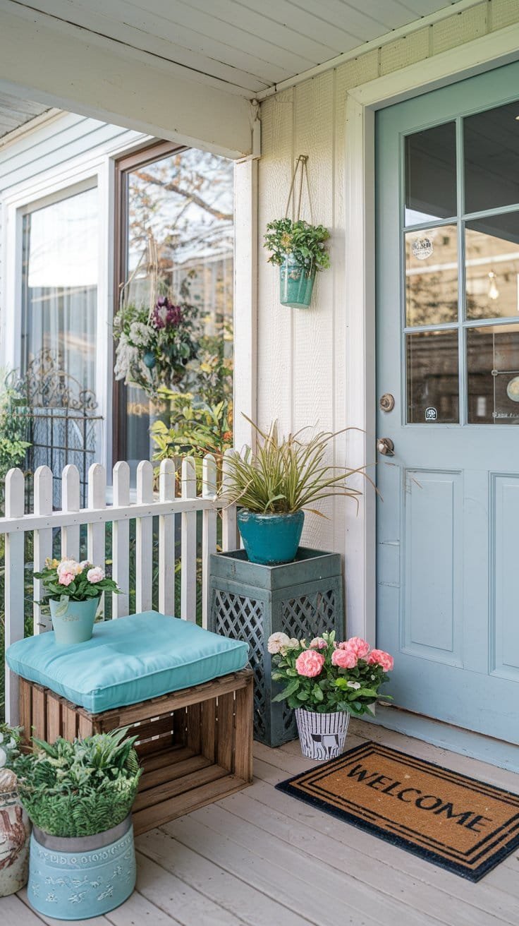 Charming front porch with flowers, teal seating, and a welcoming doormat, surrounded by light greenery and sunlight.