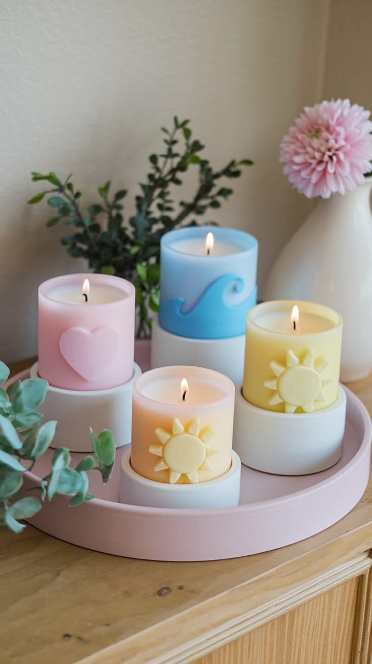 Colorful decorative candles in pastel shades, styled with floral accents and placed on a circular tray.