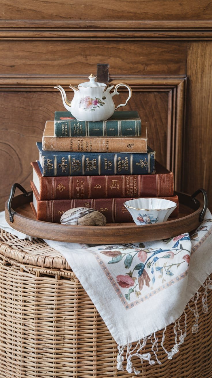 Vintage books and porcelain tea set arranged on a wooden tray over a woven basket, featuring floral design accents.