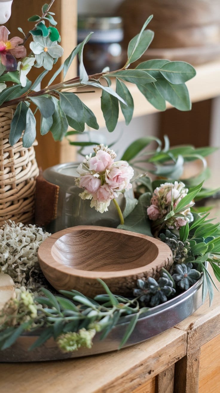 Wooden bowl surrounded by fresh greenery and flowers on a rustic tray, enhancing home decor aesthetics.