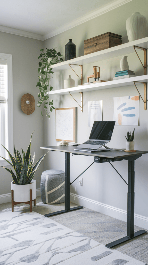 Home office setup featuring a standing desk with a laptop, surrounded by stylish decor, including indoor plants and modern shelving. The wall is painted a soft gray, enhancing the cozy atmosphere of this functional workspace.