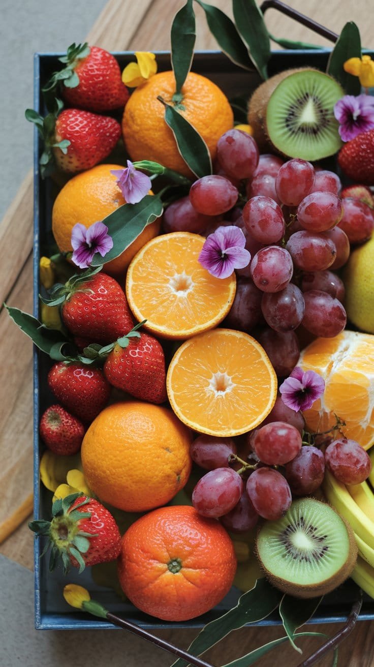 A colorful assortment of fresh fruits including strawberries, oranges, grapes, kiwi, and edible flowers arranged beautifully.