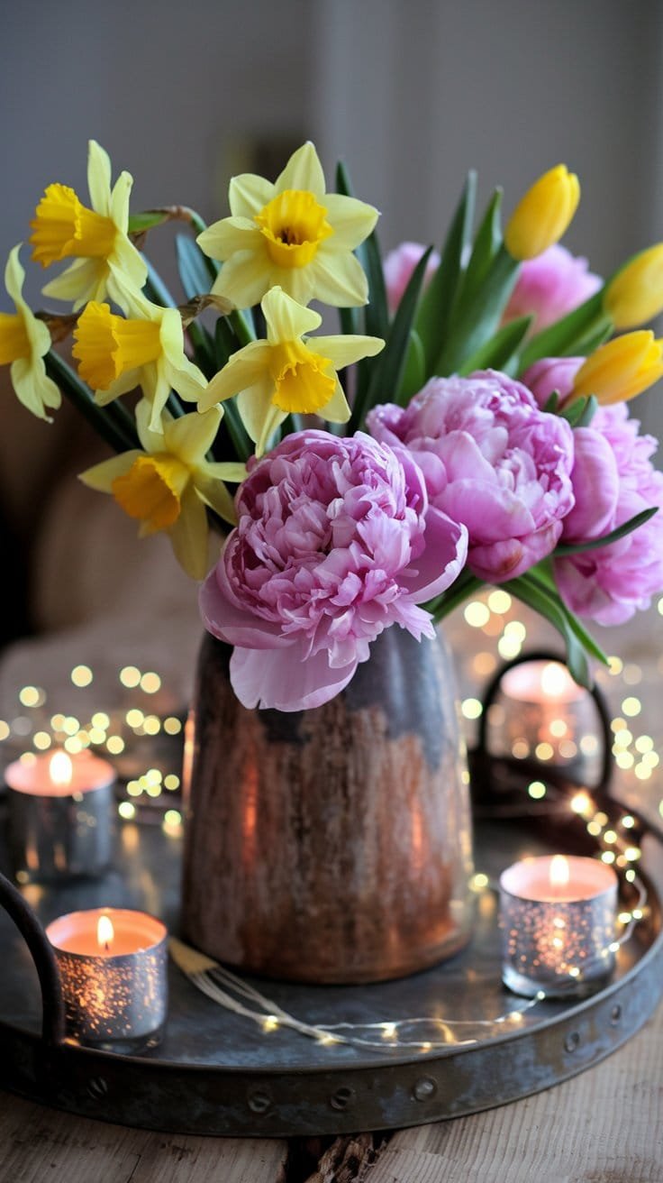 Colorful bouquet of pink peonies, yellow daffodils, and tulips in a rustic vase with candles and fairy lights.