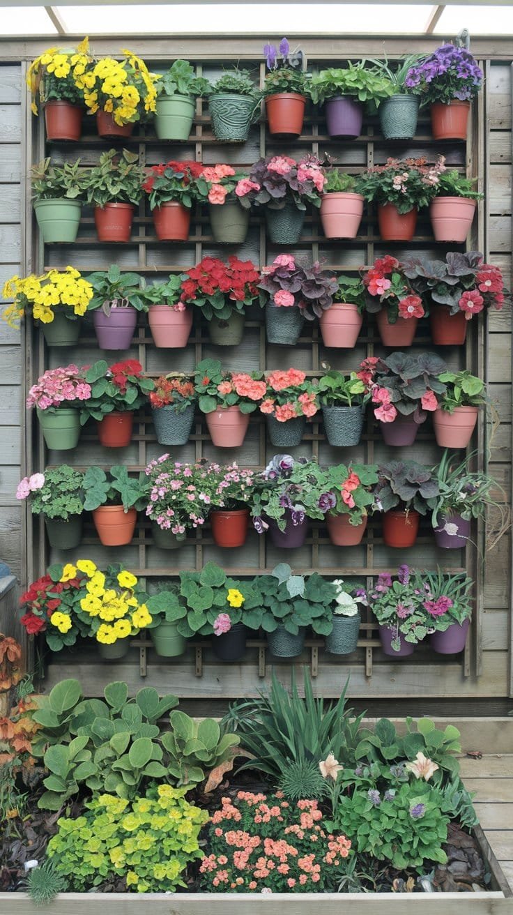 Colorful vertical garden display featuring various flowering plants in pots on a wooden wall structure.