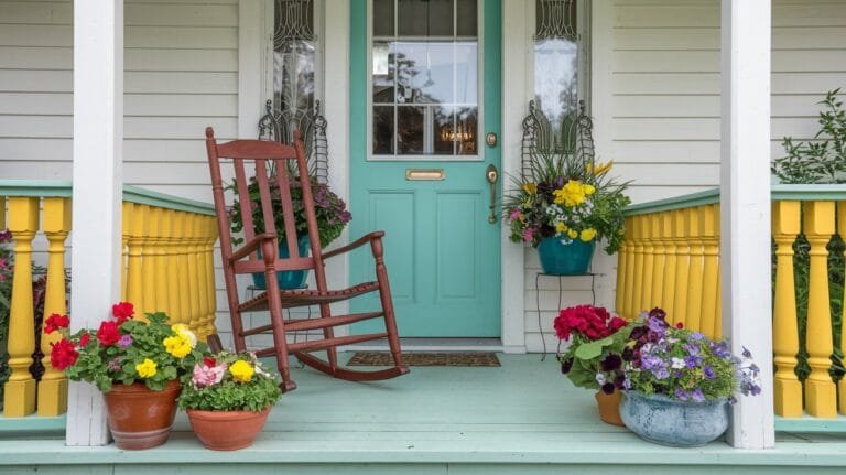 Colorful front porch with a rocking chair, vibrant flowers, and a cheerful blue door inviting relaxation and warmth.