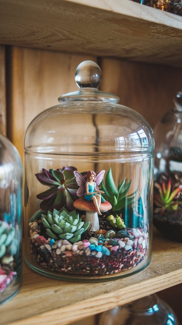A whimsical terrarium featuring a fairy sitting on a mushroom surrounded by vibrant succulents and colorful pebbles.