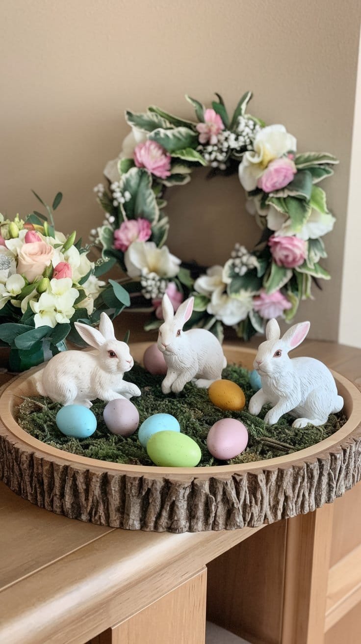 Three decorative white rabbits surrounded by colored Easter eggs on a moss-covered tray, with a floral wreath in background.