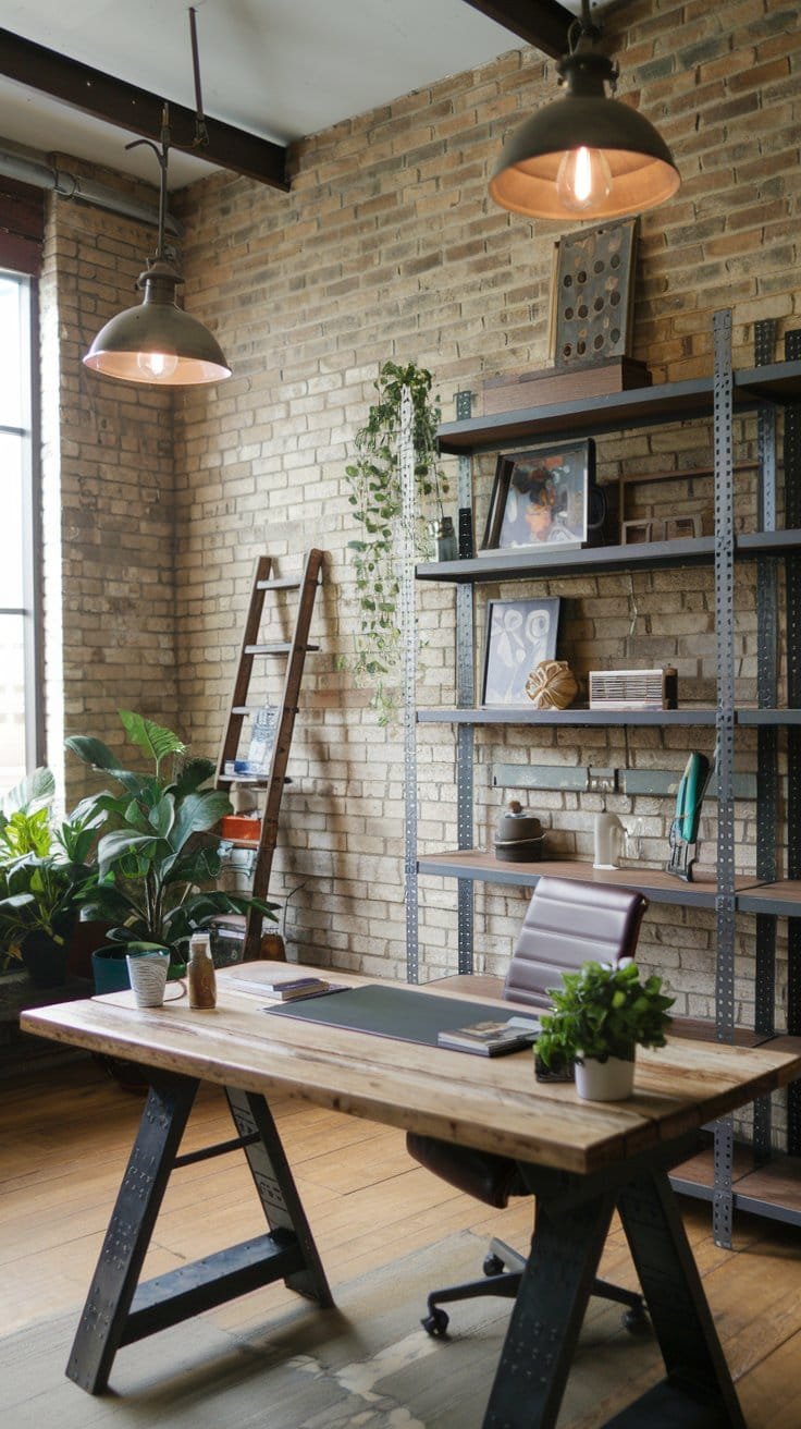 Stylish office interior featuring a wooden desk, brick wall, plants, and industrial lighting for a modern workspace aesthetic.
