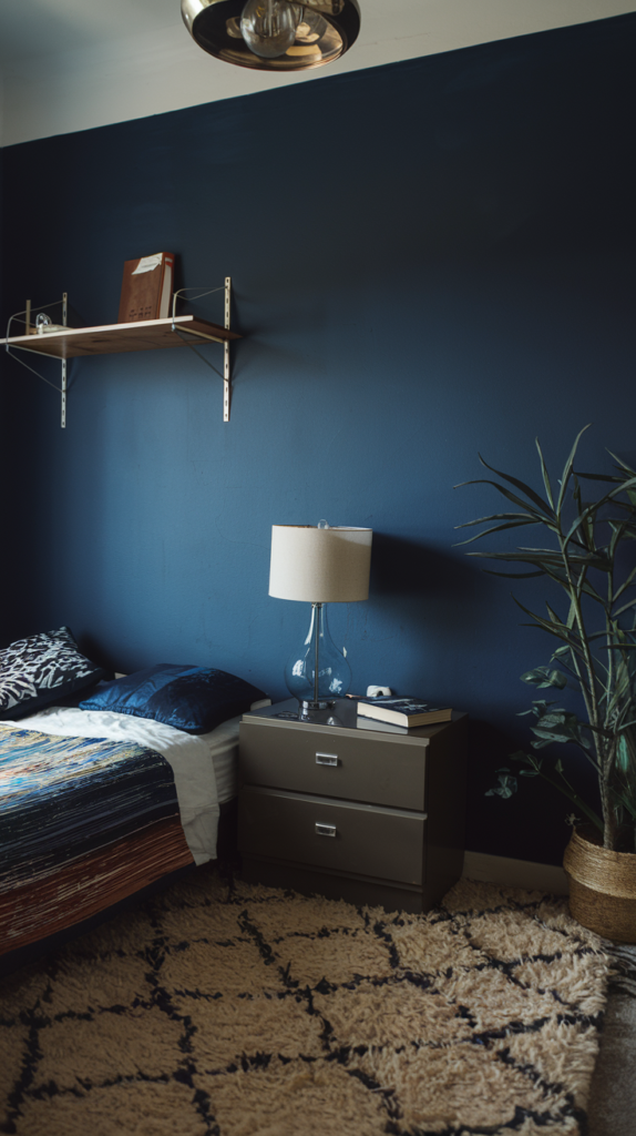 A room with a bed, a nightstand, a lamp, and a plant. The walls are painted a deep sapphire blue. There is a plush rug on the floor